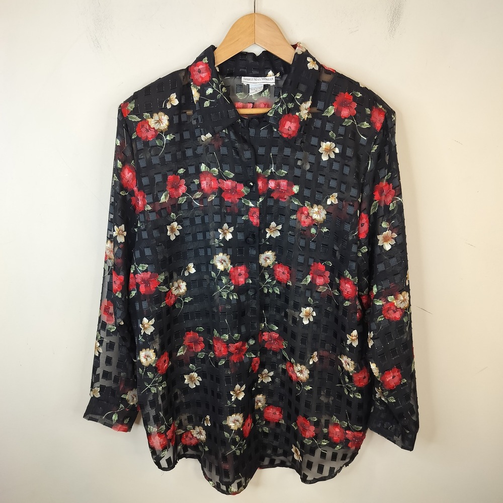 August Max Woman Blouse Womens 1X Sheer Floral Checkered Vintage Black Red